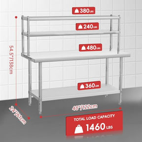 Stainless Steel Table with Overshelves, 36" X 24" Commercial Work Table with 36" X 12" Shelf, Metal Kitchen Prep Table & Shelving Combo