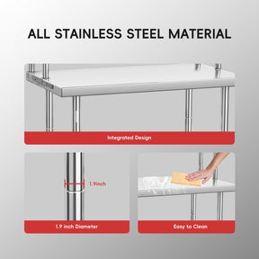 Stainless Steel Table with Overshelves, 36" X 24" Commercial Work Table with 36" X 12" Shelf, Metal Kitchen Prep Table & Shelving Combo