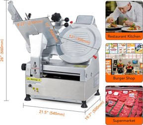 Automatic Meat Slicer, 550W Deli Slicer with 12" Carbon Steel Blade, Meat Slicer Machine with Adjustable Thickness From 0～14 mm Suitable for Commercial/Home Use