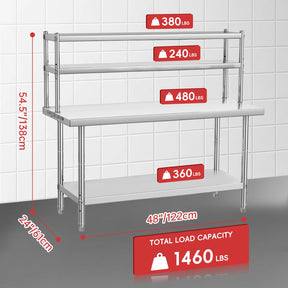 Stainless Steel Table with Overshelves, 36" X 24" Commercial Work Table with 36" X 12" Shelf, Metal Kitchen Prep Table & Shelving Combo