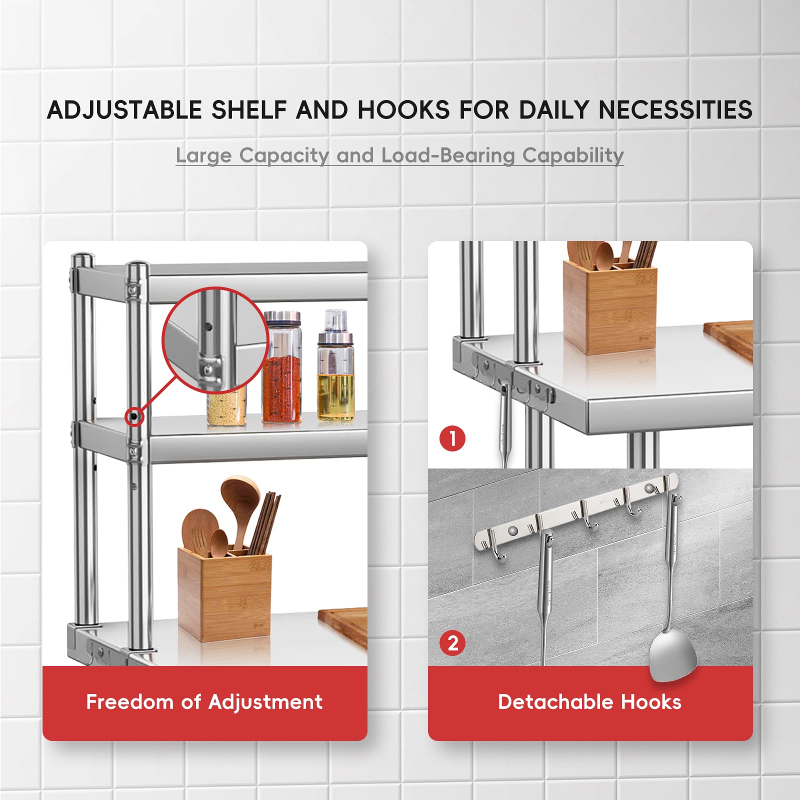 Stainless Steel Table with Overshelves, 36" X 24" Commercial Work Table with 36" X 12" Shelf, Metal Kitchen Prep Table & Shelving Combo